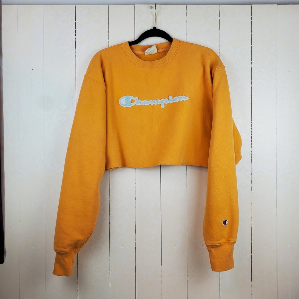 Champion Reverse Weave Sweatshirt Womens Medium Yellow Fair Cropped Distressed